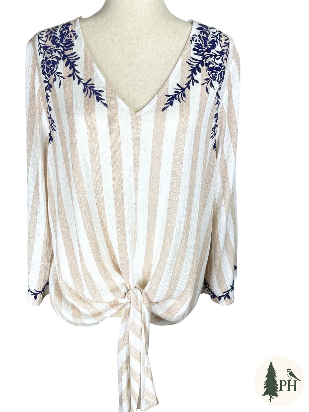 NEW Absolutely Famous Floral Applique Top Medium Beige Cream Stripe Tie Front